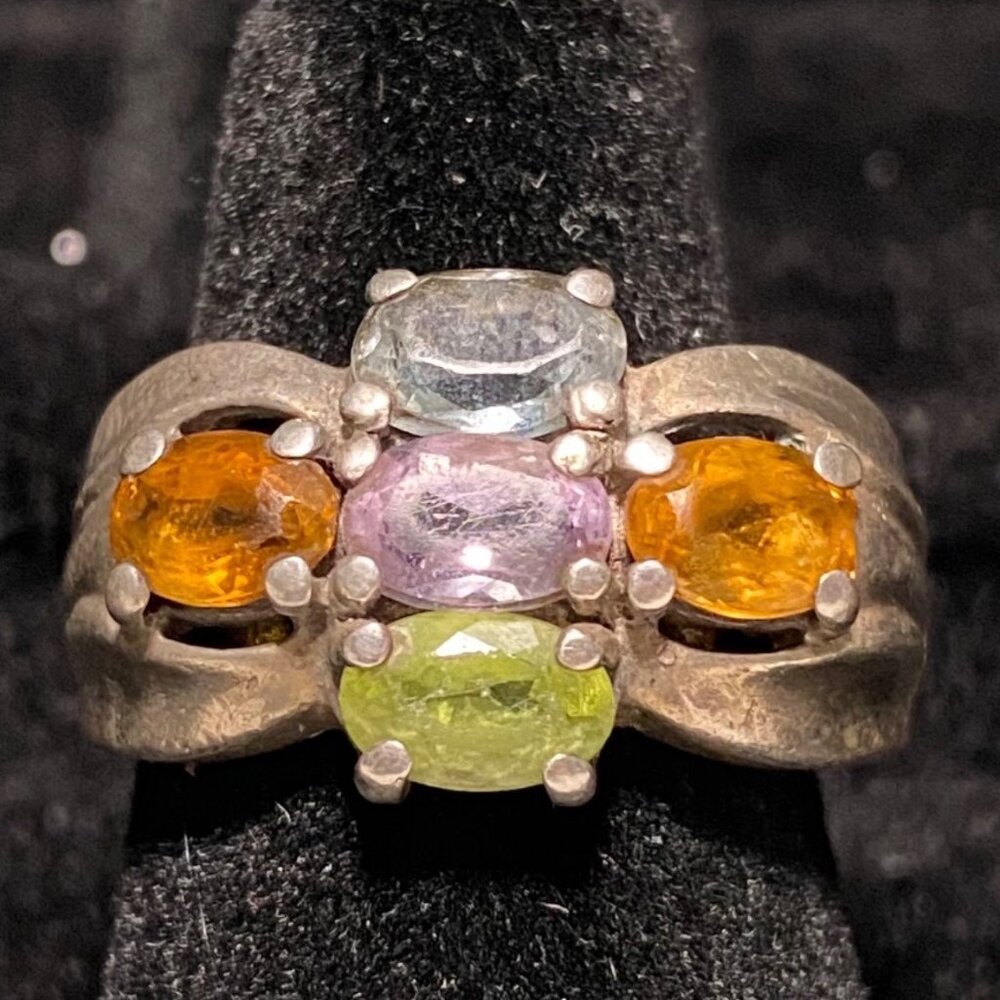 Ring 5 Stones Blue Topaz Amethyst Tourmaline Citrine Faceted Sterling Silver Sta